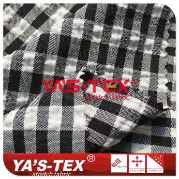 Polyester yarn-dyed fabric, four-way stretch with long square lattice, uneven wrinkle style, sports stretch fabric【S4083】